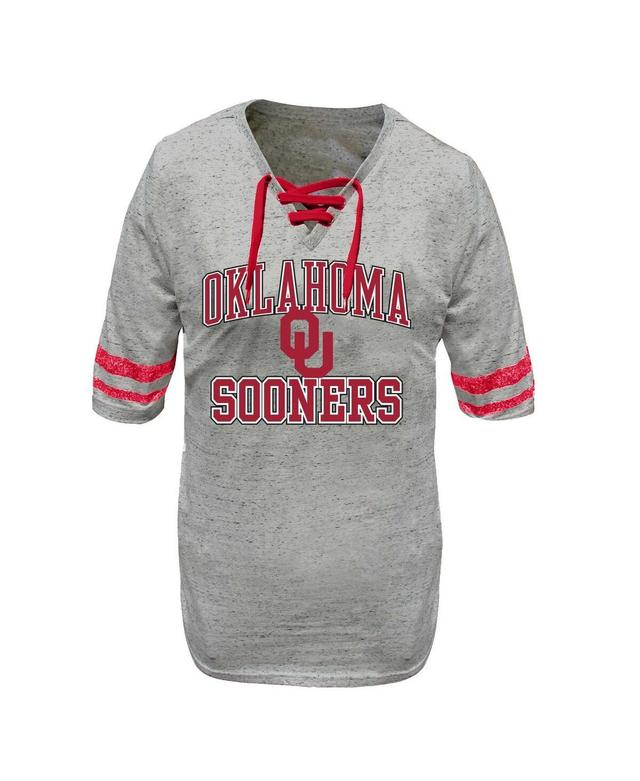 Womens Profile Heather Gray Distressed Oklahoma Sooners Plus Size Striped Lace-Up T-shirt Product Image