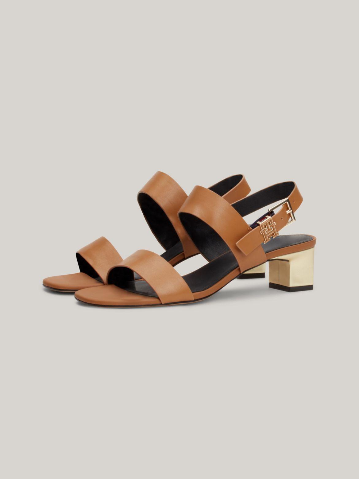 Tommy Hilfiger Women's TH Logo Leather Mid Block Heel Sandal - Brown - US 6 / EU 36 Product Image