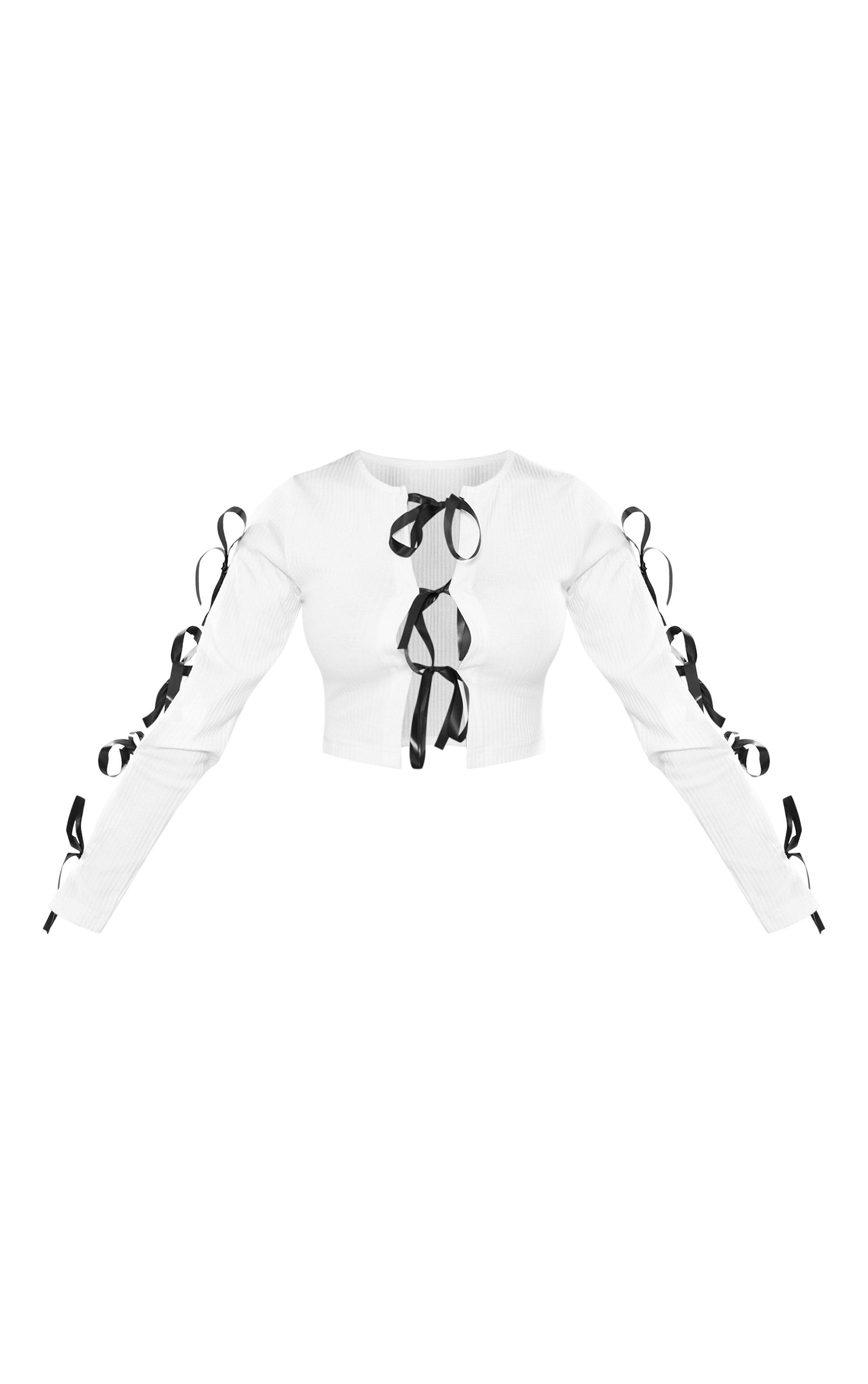 White Rib Bow Front Flute Sleeve Top Product Image