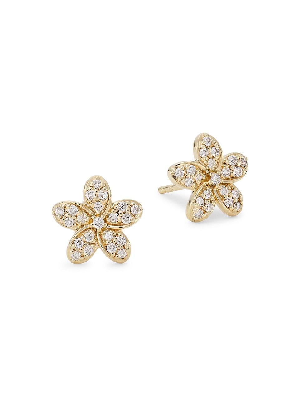 Womens 14K Yellow Gold & Diamond Plumeria Stud Earrings Product Image