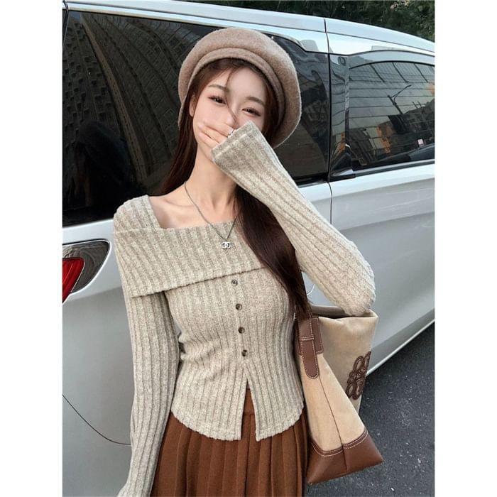 Long Sleeve Square-Neck Plain Ribbed-Knit Button-Detail Slim-Fit Sweater Product Image