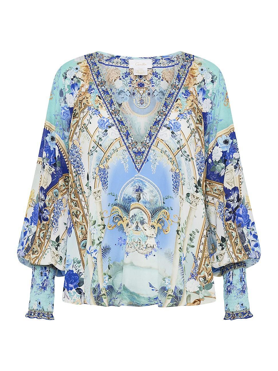 Womens Embellished Graphic Silk Blouse Product Image