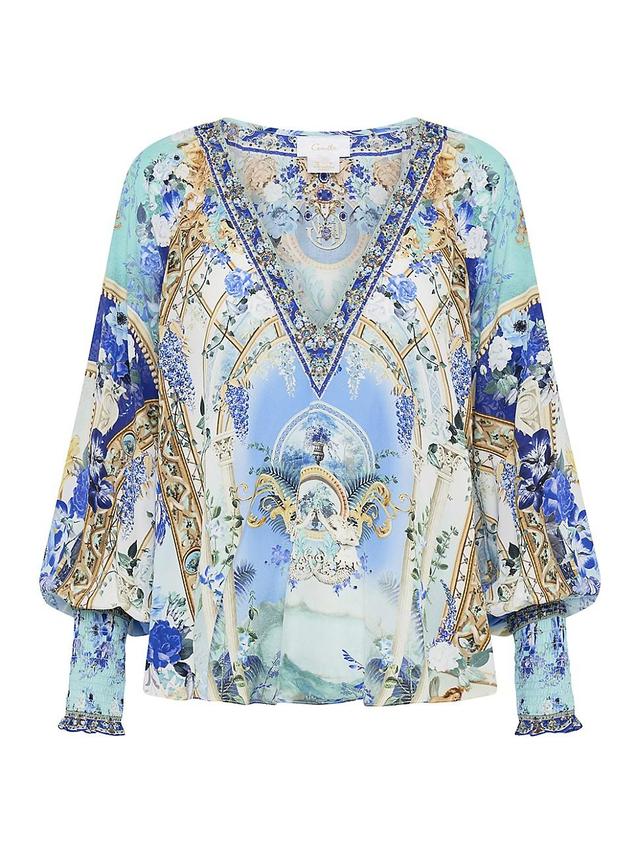 Womens Embellished Graphic Silk Blouse Product Image