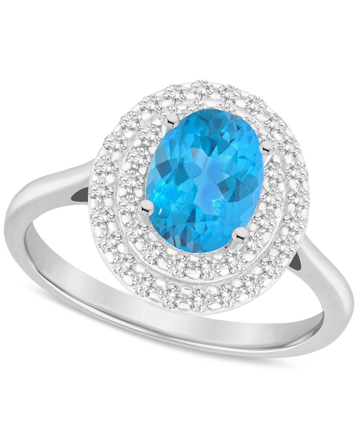 Celebration Gems Sterling Silver Oval-Cut Swiss Blue Topaz & White Topaz Double Halo Ring, Womens Product Image