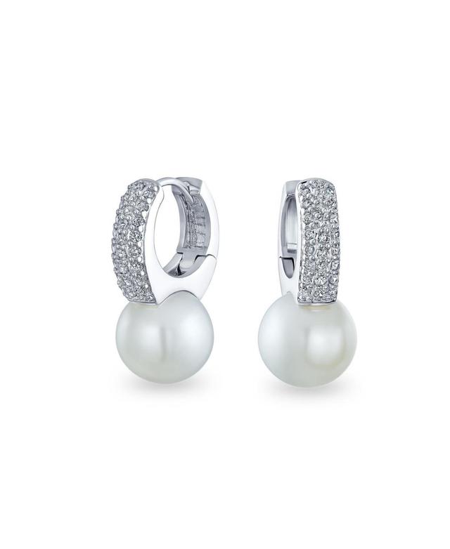 Bling Jewelry Elegant Modern Cz Pave Encrusted White Simulated Pearl Mini Hoop Drop Huggie Earrings For Women Product Image