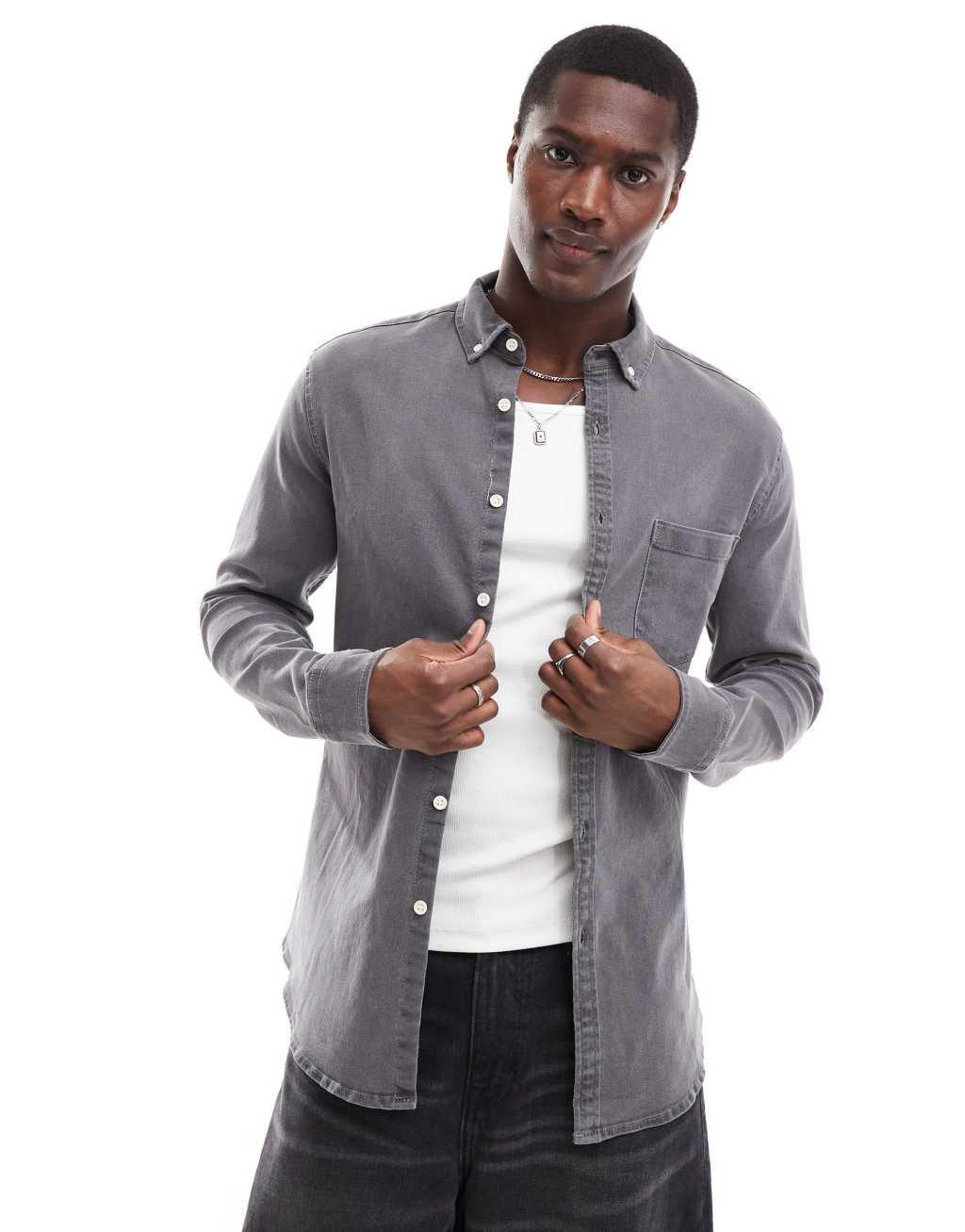 ASOS DESIGN stretch slim denim shirt in washed black Product Image