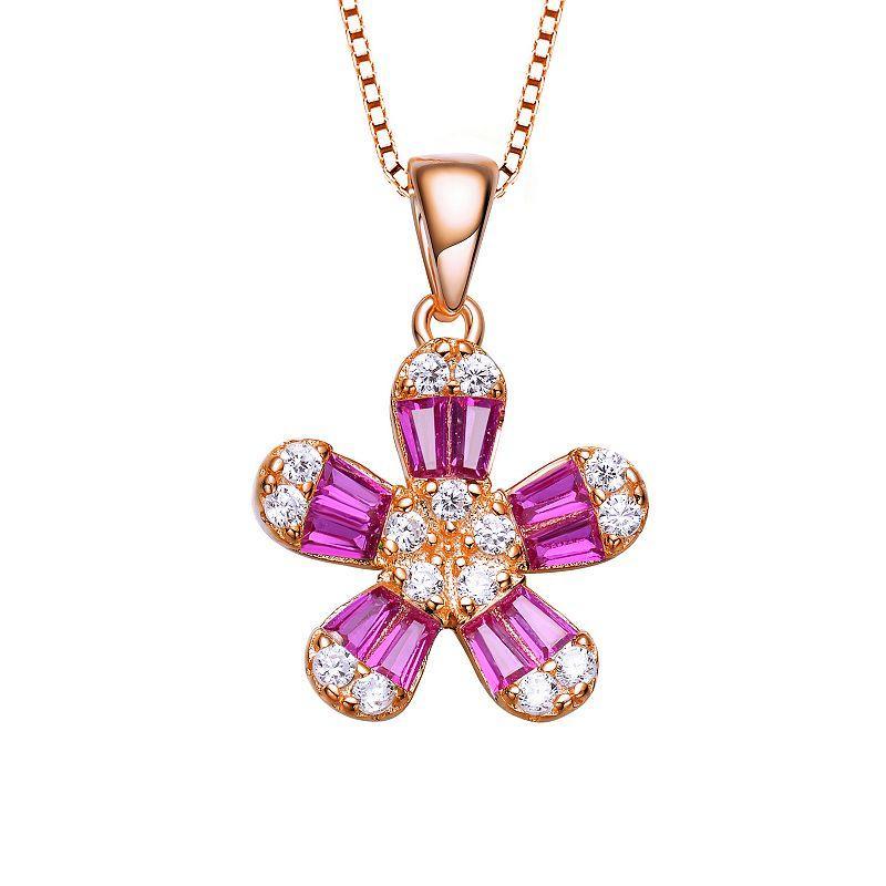 Sterling Silver Cubic Zirconia Flower Pendant Necklace, Womens Pink Tone Product Image