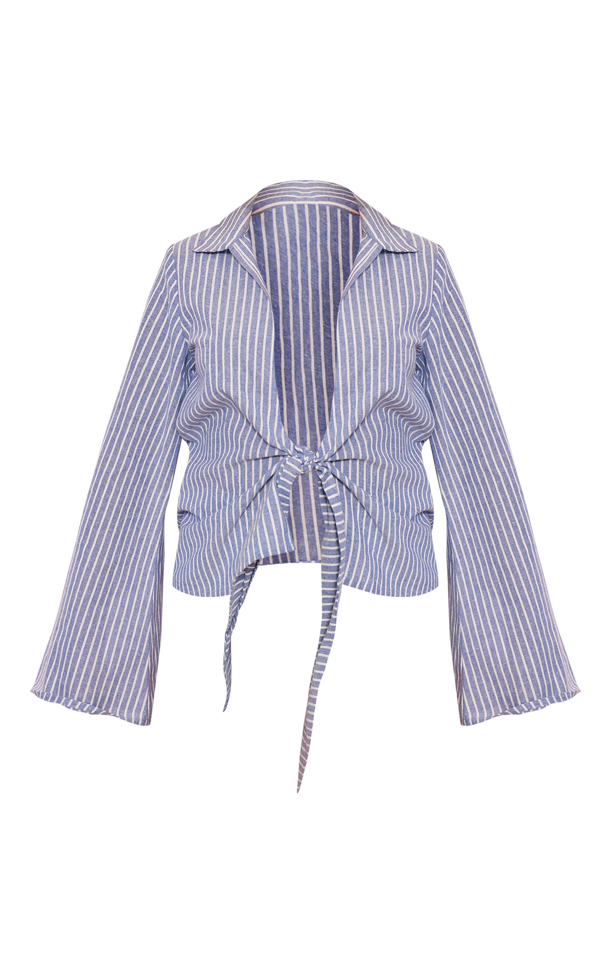 Blue Stripe Cotton Ruched Bow Shirt Product Image