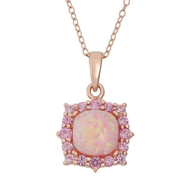 Lab-Created Pink Opal & Lab-Created Pink Sapphire 18k Rose Gold Over Silver Square Halo Pendant Necklace, Womens Product Image