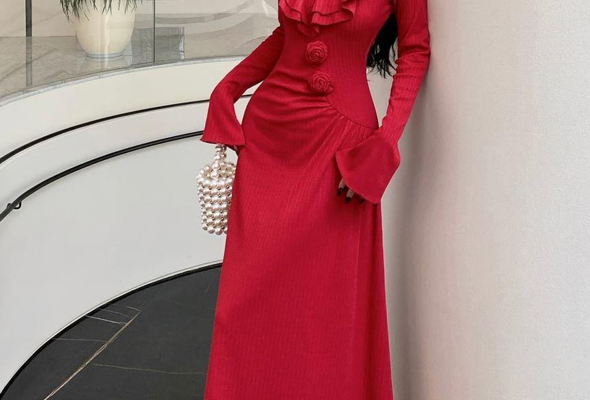 Long Sleeve V-Neck Plain Ruffle Trim A-Line Maxi Dress Product Image