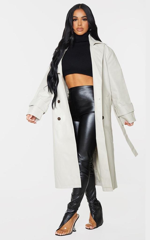 Petite Stone Faux Leather Sleeve Detail Trench Coat Product Image