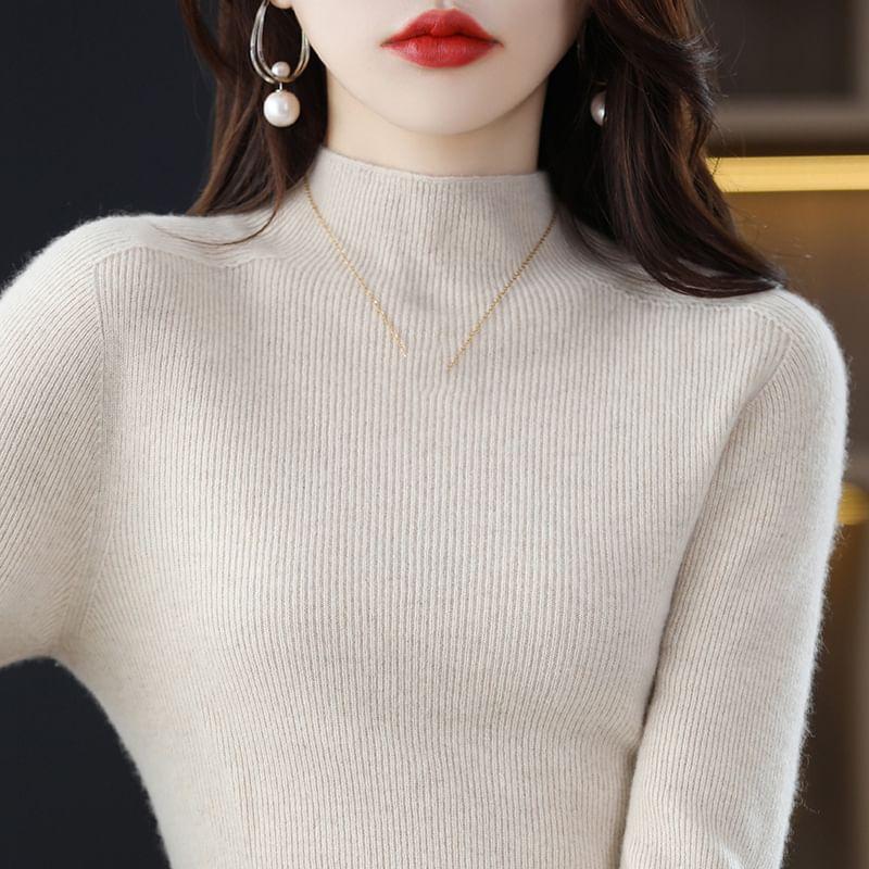 Long-Sleeve Mock Neck Ribbed Knit Top Product Image