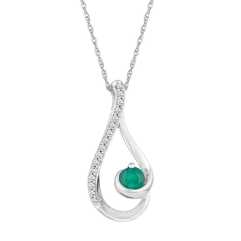 10k White Gold Emerald & 1/10 Carat Diamond Teardrop Pendant Necklace, Womens 10k Whgold Product Image