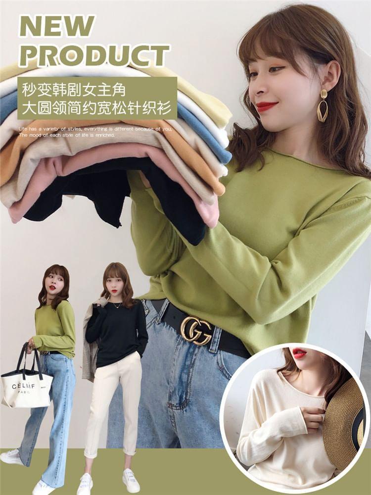 Long Sleeve Crew Neck Plain Knit Top Product Image