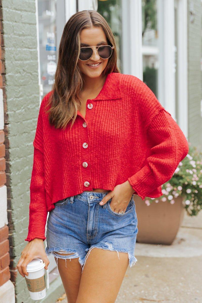 Loving On You Button Down Sweater - Red - FINAL SALE Female Product Image