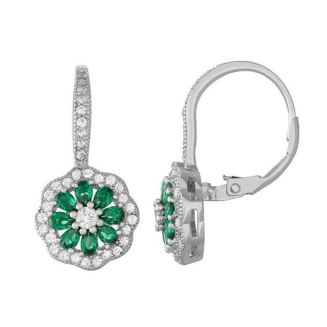 Sterling Silver Lab-Created Green Spinel & Cubic Zirconia Flower Drop Earrings, Womens Product Image