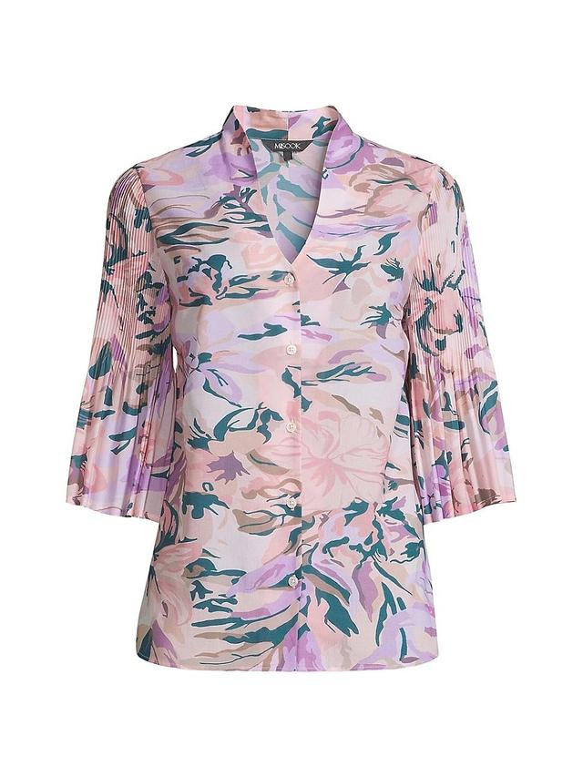 Crepe De Chine Floral-Print Blouse with Pleated Bell Sleeves Product Image