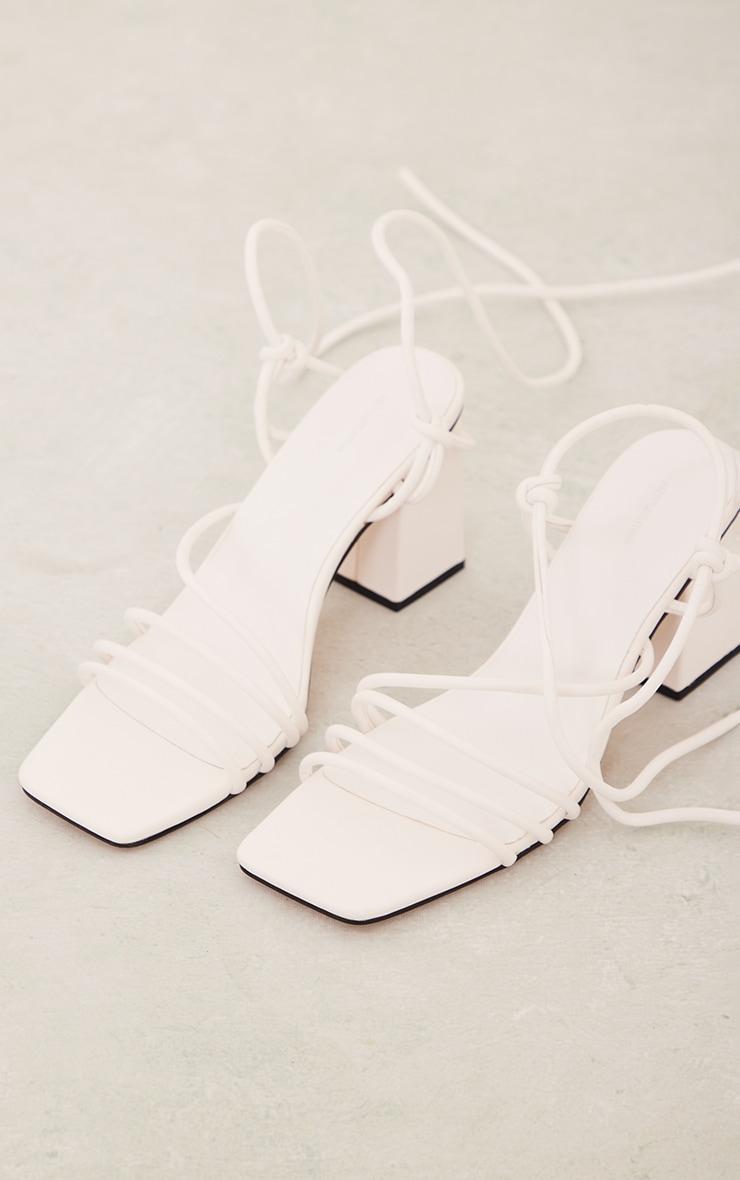 White Pu Square Toe Strappy Low Block Heeled Sandals Product Image