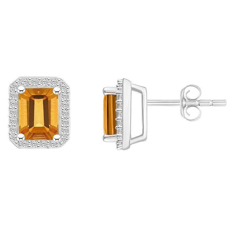 Celebration Gems 10k White Gold Emerald Cut Gemstone & Lab-Created White Sapphire Halo Stud Earrings, Womens, Citrine Product Image