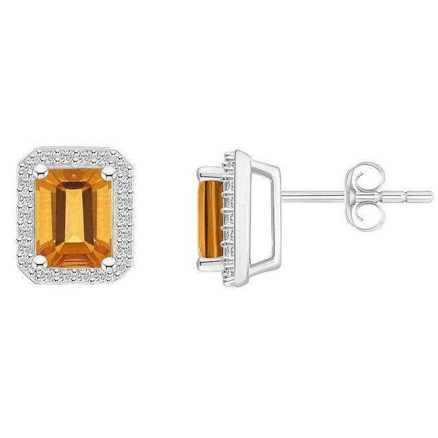 Celebration Gems 10k White Gold Emerald Cut Gemstone & Lab-Created White Sapphire Halo Stud Earrings, Womens, Orange Product Image