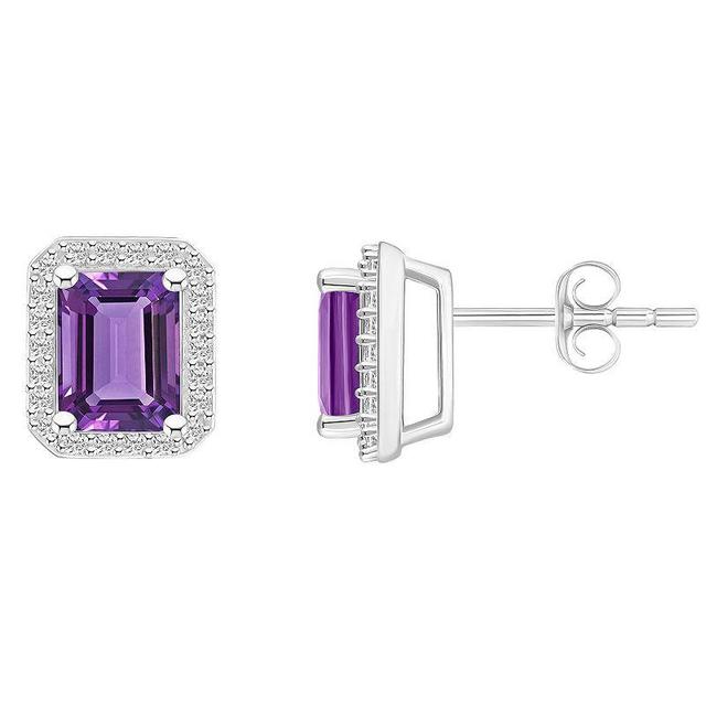 Celebration Gems 10k White Gold Emerald Cut Gemstone & Lab-Created White Sapphire Halo Stud Earrings, Womens, Purple Product Image