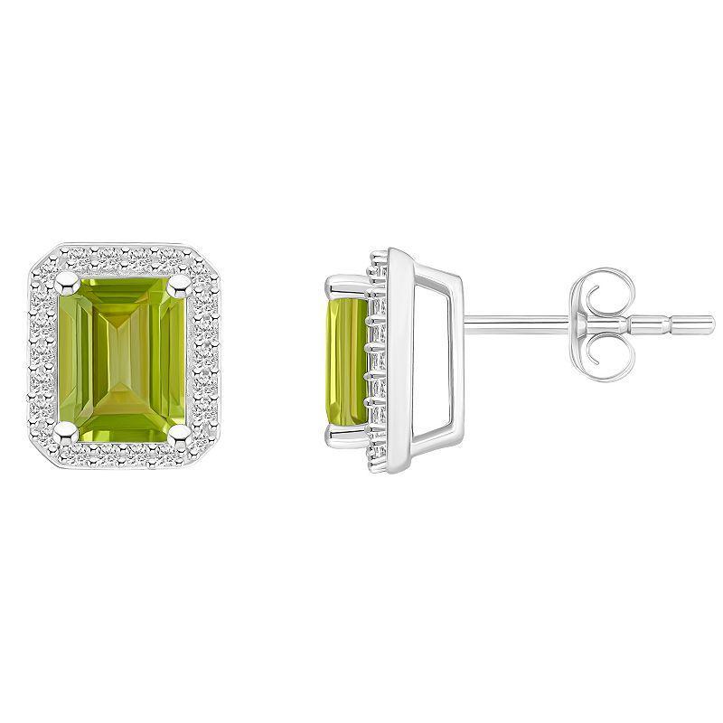 Celebration Gems 10k White Gold Emerald Cut Gemstone & Lab-Created White Sapphire Halo Stud Earrings, Womens, Green Product Image