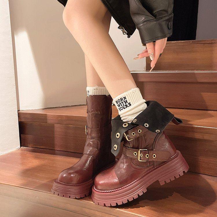 Platform Buckled Button Mid Calf Boots Product Image