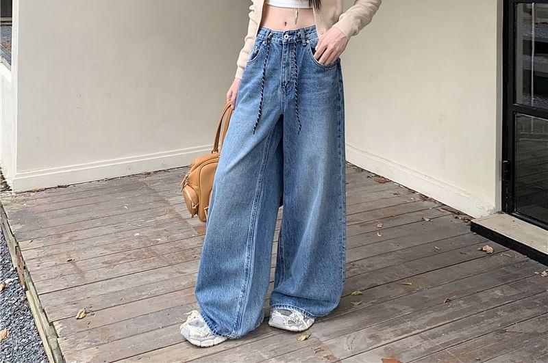 Low Waist Washed Wide Leg Jeans Product Image