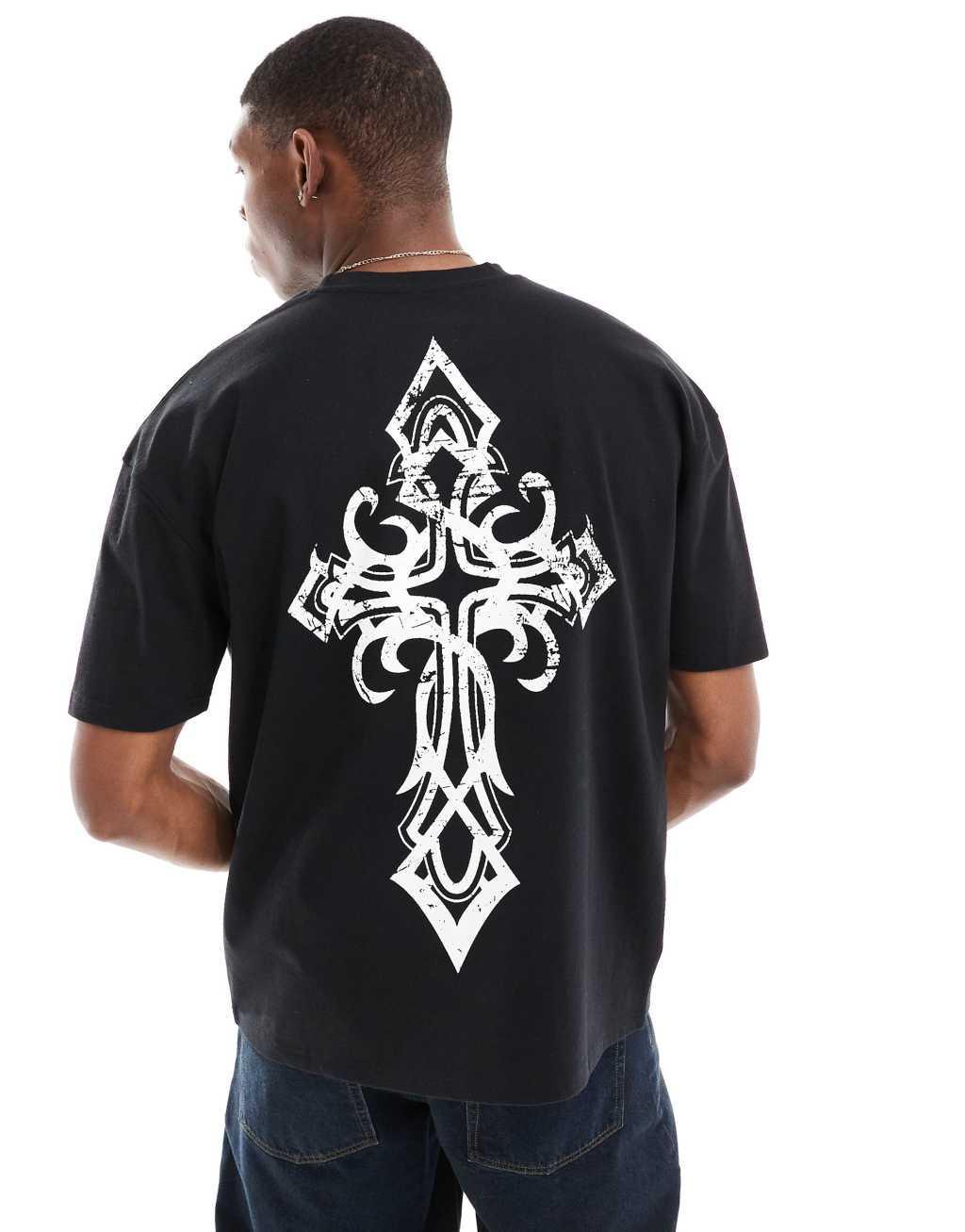 Liquor & Poker oversized t-shirt with cross front and back print in black Product Image