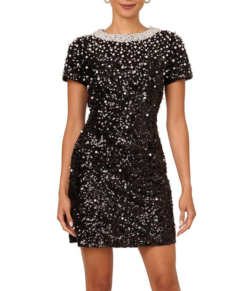 Adrianna Papell Beaded Mesh Crew Neck Short Sleeve Mini Dress product image