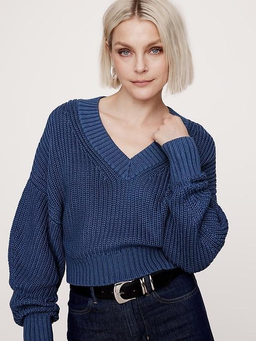 Oversized Cropped V-Neck Cotton Sweater Product Image