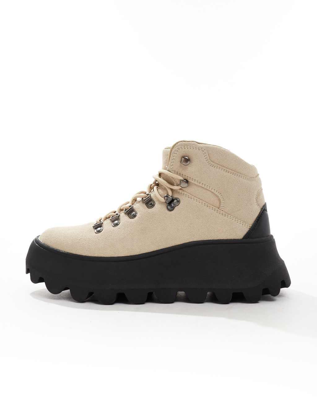 ASOS DESIGN lace up hiking boots in stone with chunky soles Product Image