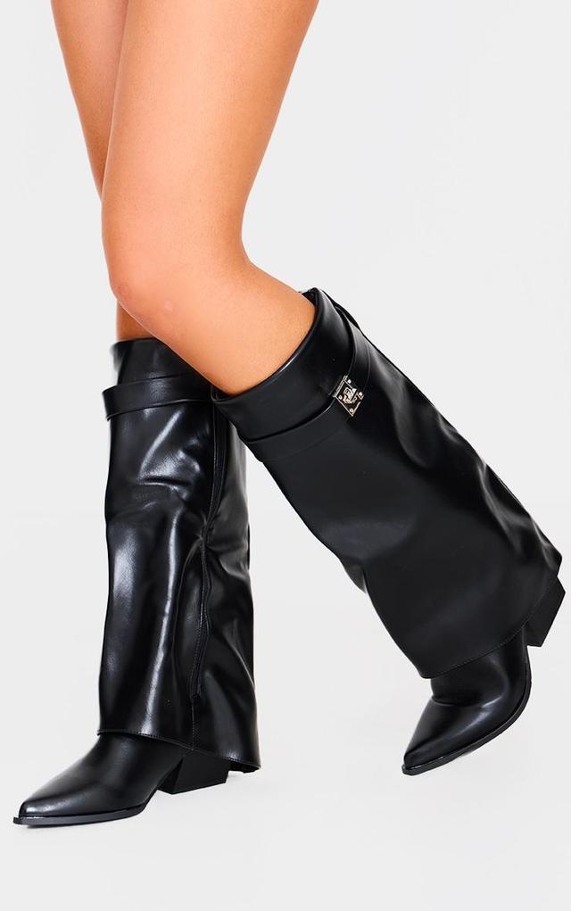 Black PU Point Toe Lock Detail Calf High Low Block Heeled Boots Product Image