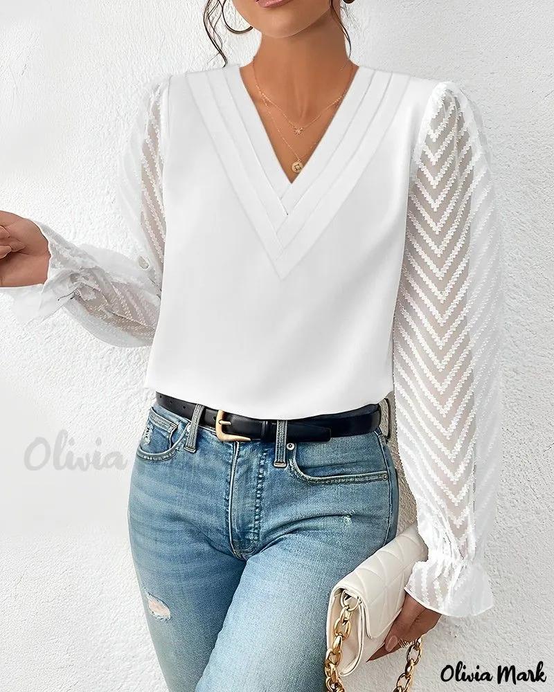 Olivia Mark – Contemporary Sheer Mesh Long Sleeve Top with Chevron Pattern Product Image