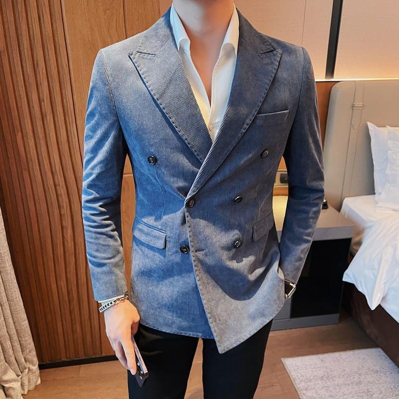 Peak Lapel Plain Corduroy Double Breasted Blazer Product Image