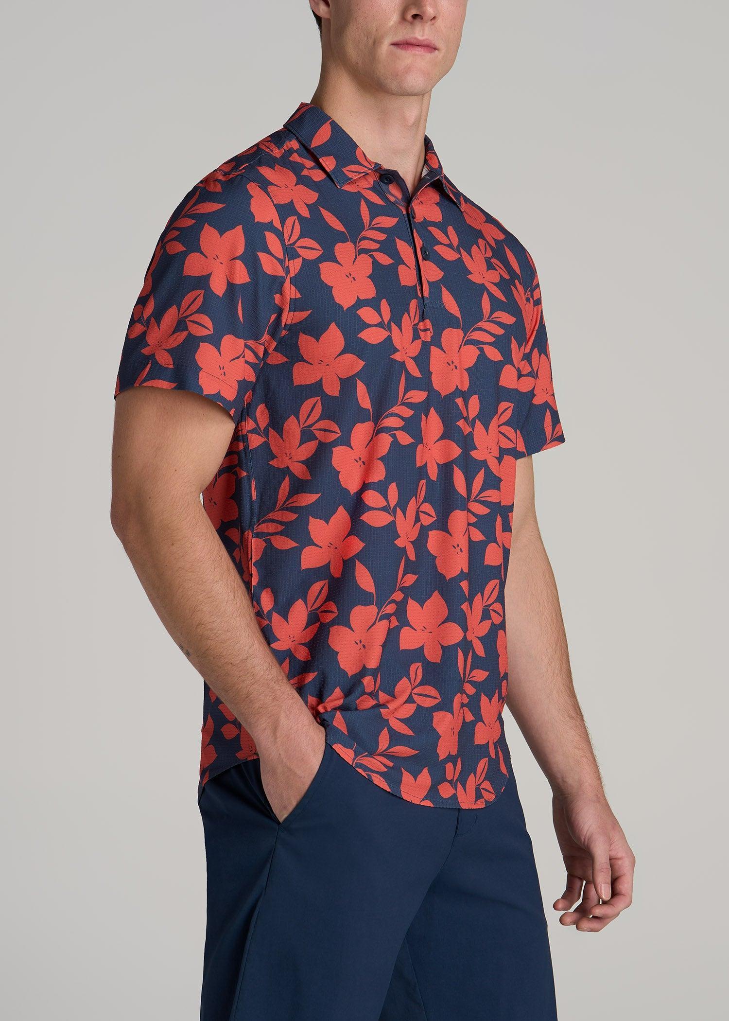 Coastal Perforated Tall Men's Polo Shirt in Storm and Orange Hibiscus Product Image