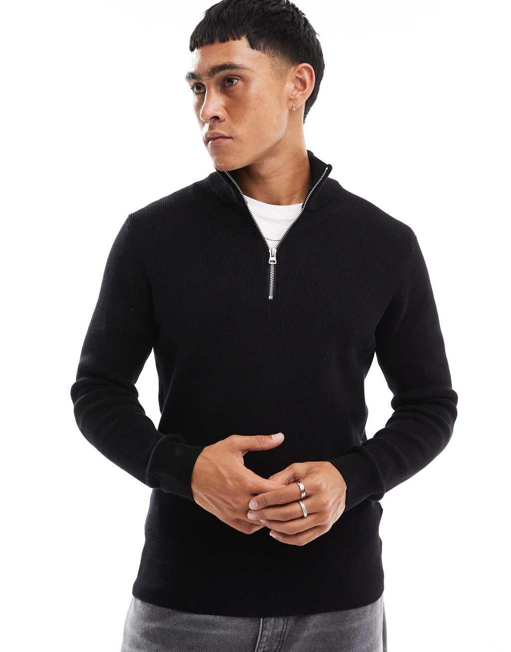 ONLY & SONS ribbed half zip sweater in black Product Image