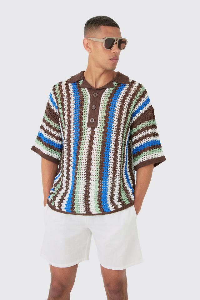 Oversized Open Stitch Deep Revere Stripe Knit Polo | boohooMAN USA Product Image