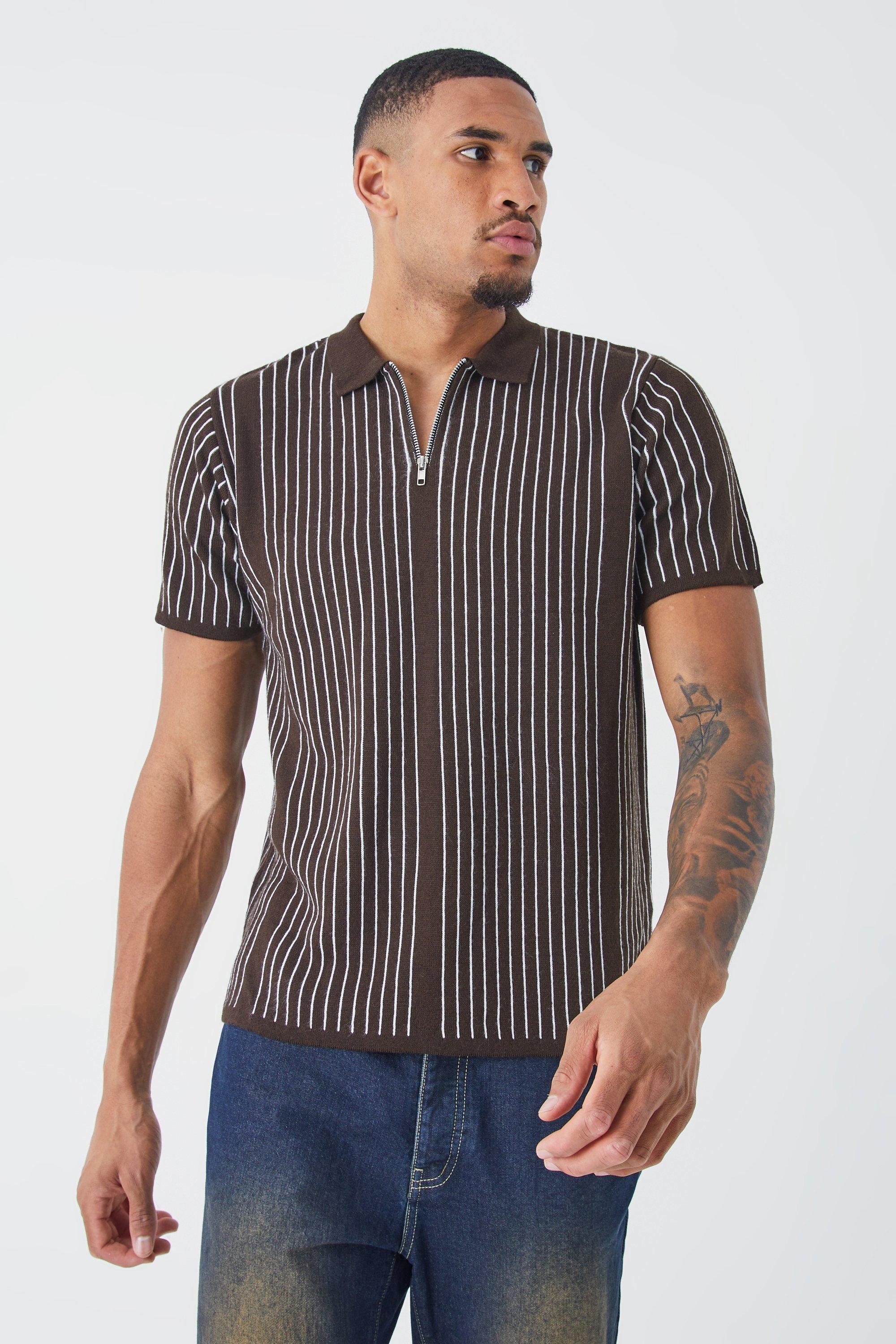 Tall Regular Vertical Stripe Knitted Half Zip Polo | boohooMAN USA Product Image