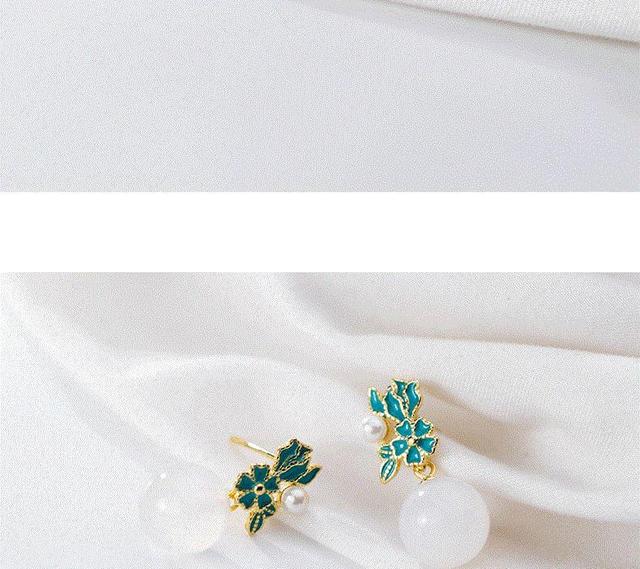 925 Sterling Silver Enamel Floral Faux Pearl Drop Earring Product Image