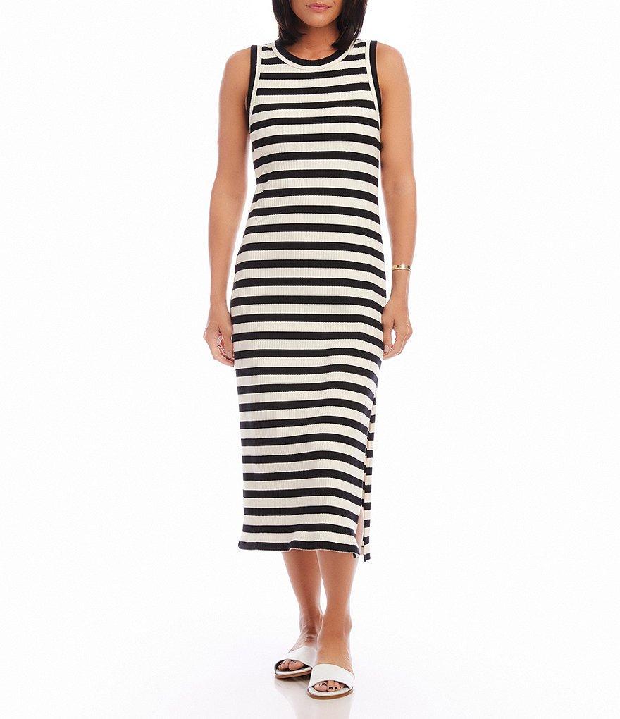 Karen Kane Rib Knit Stripe Print Scoop Neck Sleeveless Shift Midi Dress Product Image