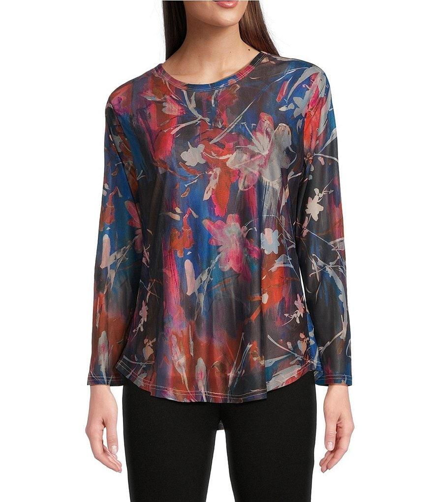 Calessa Brush Stroke Stretch Mesh Crew Neck Long Sleeve Tunic Product Image