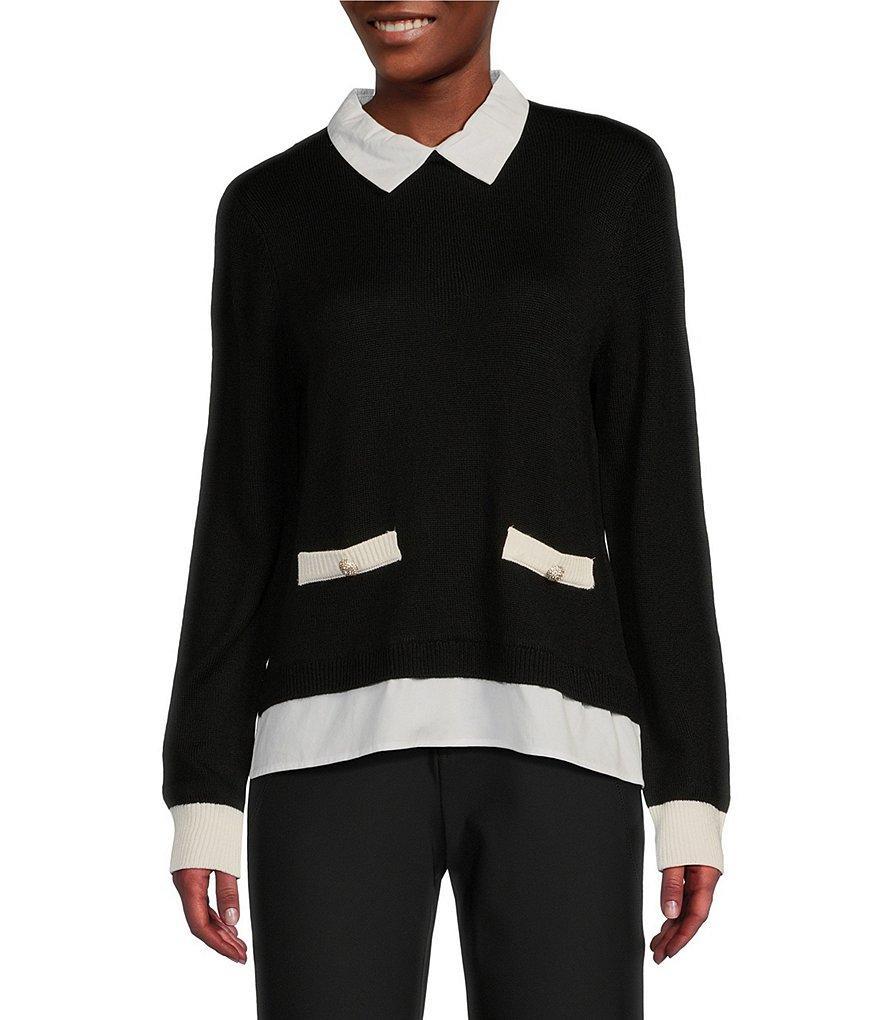 KARL LAGERFELD PARIS Merino Collared Shirt Pullover Sweater Color Block Twofer Product Image