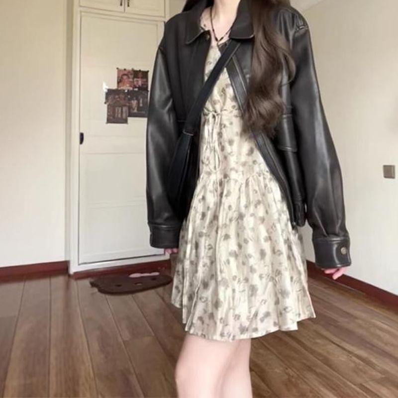 Puff-Sleeve Floral Print Mini A-Line Dress / Faux Leather Zip Jacket Product Image