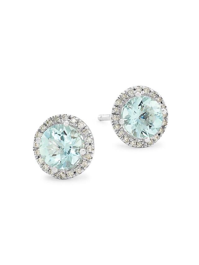 Womens 14K White Gold, Aquamarine, & 0.16 TCW Diamond Halo Stud Earrings Product Image