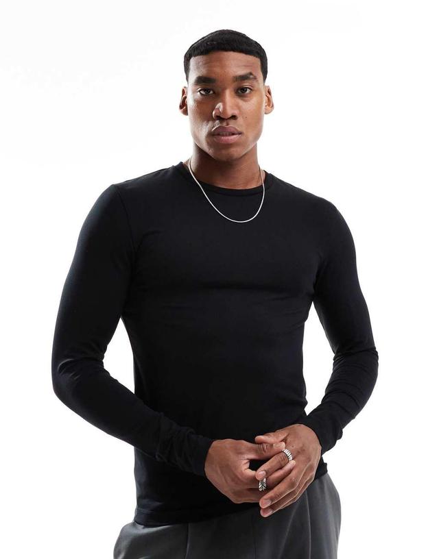 ASOS DESIGN essential muscle fit long sleeve T-shirt in black Product Image