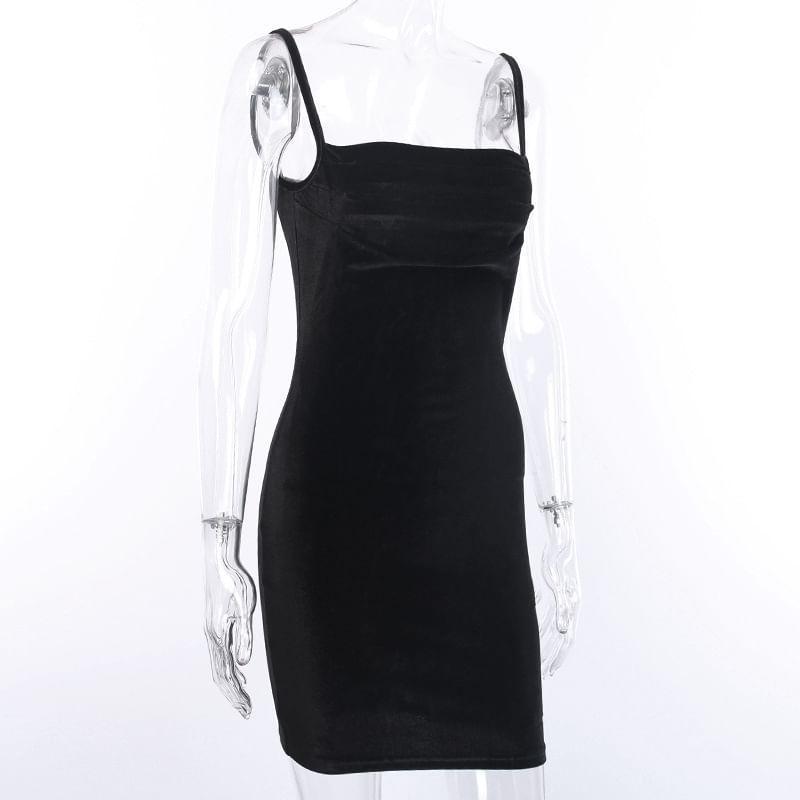 Spaghetti-Strap Square-Neck Velvet Mini Bodycon Dress Product Image