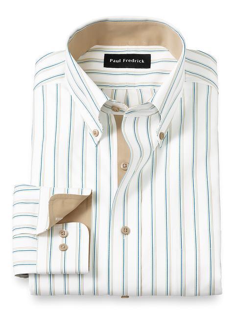 Non-Iron Cotton Stripe Dress Shirt With Contrast Trim - Green/tan Product Image