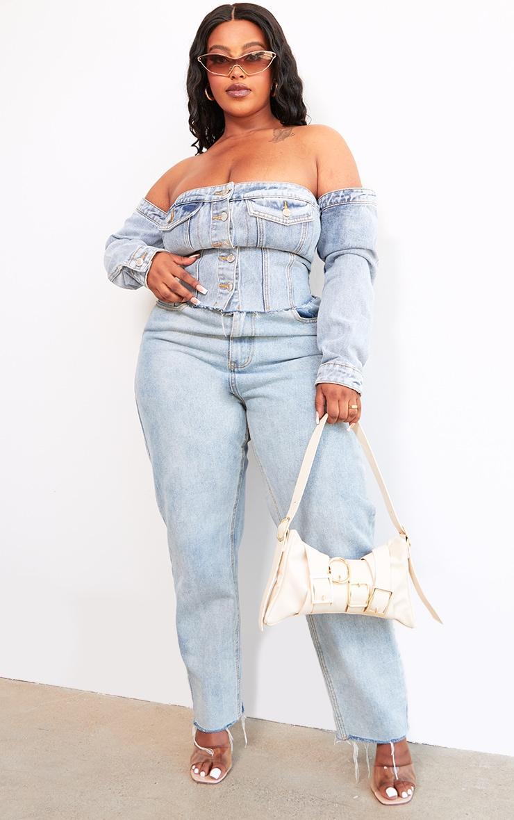 Plus Light Blue Wash Button Up Bardot Denim Corset Product Image