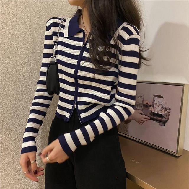 Collared Striped Zip-Up Cardigan Product Image